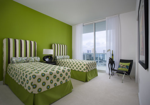 Bedroom Interior, With Two Beds And Green Decor