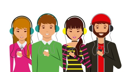 cartoon people with headphones and music player over white background. colorful design. vector illustration