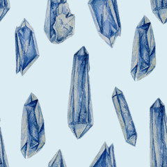 Watercolor seamless pattern with blue crystals on blue background. 