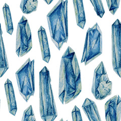 Watercolor seamless pattern with blue crystals isolated on white.