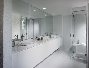 White, modern, mirrored bathroom