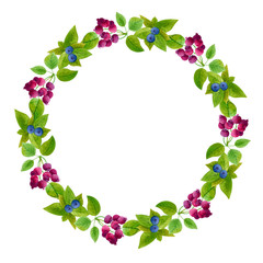 Round bright watercolor hand drawn wreath with leaves and berries 