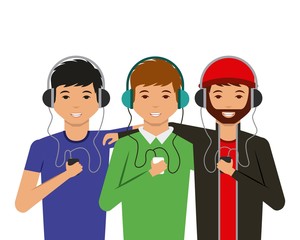 cartoon men with headphones and music player over white background. colorful design. vector illustration