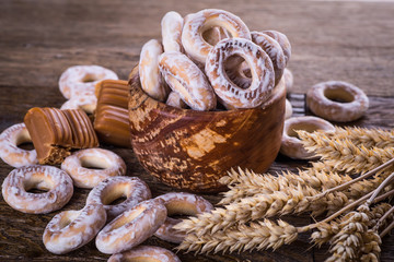 cookies and candies on a wooden table