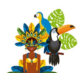 Plakat cartoon brazilian dancer woman and toucan and macaw birds over white background. colorful design. vector illustration