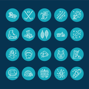 Cute thin line icons of winter sports. Outdoor activities vector elements - snowboard, hockey sled, skates, snow tubing, ice kiting. Linear pictogram with editable stroke for equipment rent ski resort