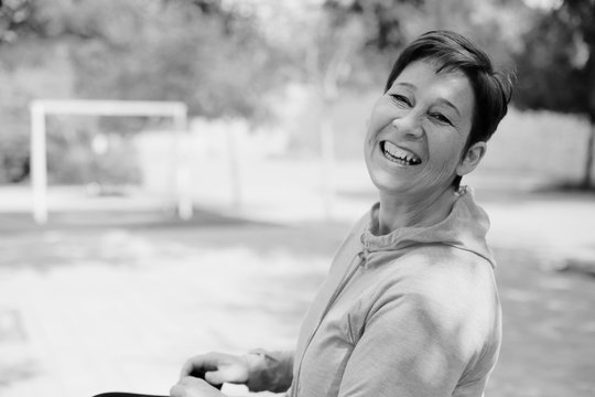 Black And White Portrait Of Beautiful 45 Years Old Woman Outdoors