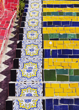 Brazil, City of Rio de Janeiro, Detailed view of the Selaron Steps connecting Lapa and Santa Teresa Neighbourhoods.
