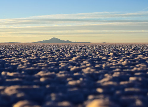 Bolivia, Potosi Department, Daniel Campos Province, View of the Salar de Uyuni, the largest salt flat in the world at sunset.