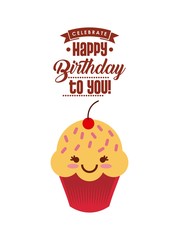 happy birthday card with cartoon cupcake with kawaii happy face. colorful design. vector illustration