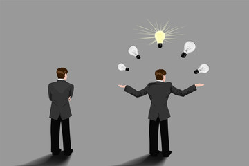 Mann im Anzug jongliert Glühbirnen