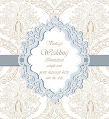 Vector Damask Lace Invitation card with floral ornament. Delicate intricate decorated card for wedding ceremonies, anniversary, events. Pastel trendy colors