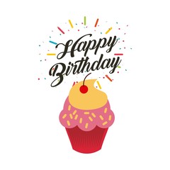 happy birthday card with sweet cupcake icon. colorful design. vector illustration