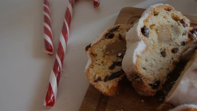 Christmas stollen. Traditional German, European festive dessert. Top view