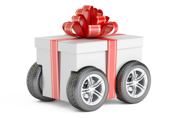gift box on wheels, gift delivery concept. 3D rendering