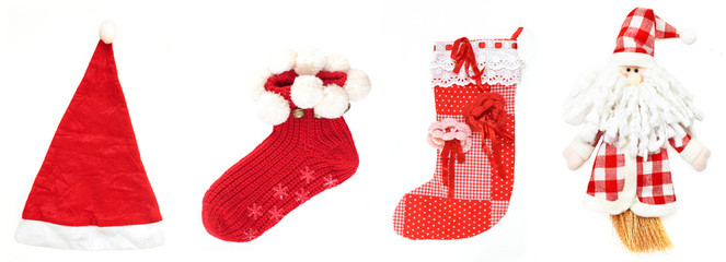 Christmas ornaments isolated on white with homemade santa claus puppet, hat, red stocking