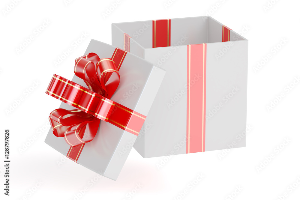 Poster white empty gift box with red ribbon and bow, 3d rendering