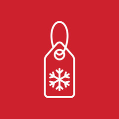 price tag label with snowflake line white icon on red background