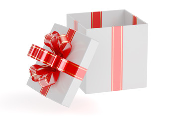 White empty gift box with red ribbon and bow, 3D rendering