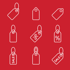 price tag sale label line white icons on red background set