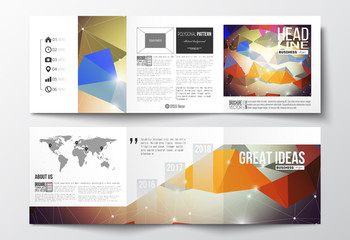 Tri-fold brochures, square design templates. Molecular construction with connected lines and dots, scientific pattern on abstract colorful polygonal background, modern stylish triangle vector texture