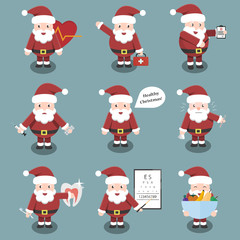 Collection of vector cartoon Santa Claus character in medical and healthcare situations and poses. Concept of Healthy Christmas and Happy New Year.