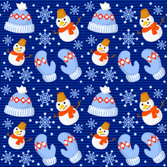 Seamless pattern with cute cartoon Christmas mittens, candy cane, holly berries, smiling snowman and red stocking with xmas tree New year traditional symbols. icons objects. Vector clip art