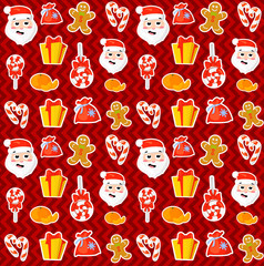 Seamless pattern with cute cartoon Christmas mittens, candy cane, holly berries, smiling snowman and red stocking with xmas tree New year traditional symbols. icons objects. Vector clip art