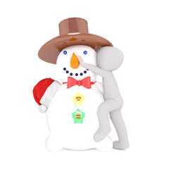 Cute 3d man building a snowman for Christmas