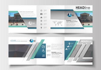 Set of templates for tri-fold brochures. Square design. Leaflet cover, flat layout, easy editable blank. Abstract business background, blurred image, urban landscape, modern stylish vector.