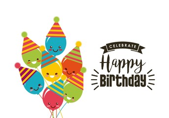 Obraz na płótnie Canvas happy birthday card with cute balloons with happy faces. colorful design. vector illustration