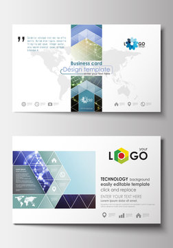 Business card templates. Cover design template, easy editable blank, abstract flat layout. DNA molecule structure, science background. Scientific research, medical technology.