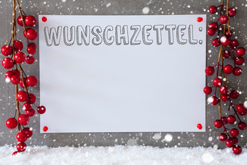 Fototapeta na wymiar Label, Snowflakes, Christmas Decoration, Wunschzettel Means Wish List