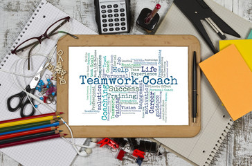 Teamwork coach word cloud o a white background concept