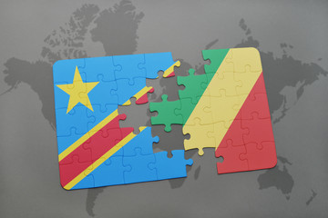 puzzle with the national flag of democratic republic of the congo and republic of the congo on a world map