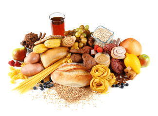 Assortment of tasty food on white background