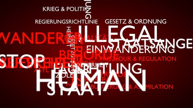 Stress in the city word tag cloud - red, German variant, 3D rendering, UHD