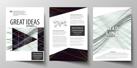 Business templates for brochure, magazine, flyer, annual report. Cover template, easy editable vector, flat layout in A4 size. Abstract waves, lines and curves. Dark color background. Motion design.