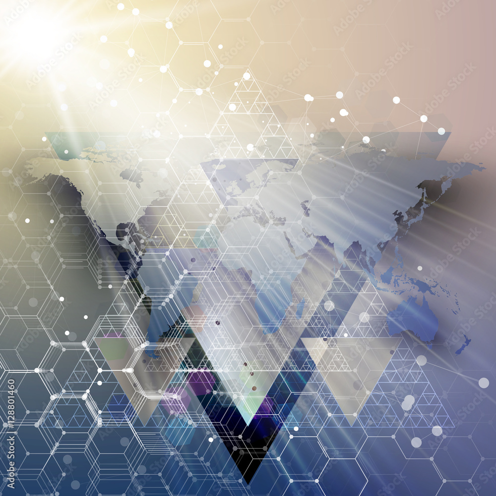 Poster blue world map, connecting lines and dots on colorful background. chemistry pattern, hexagonal molec
