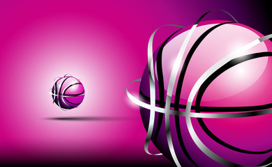 3d abstract logo of basketball ball with silver framing (stripes) around outside . Violet (pink)  tones.