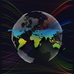 Colorful background with world map, abstract waves, lines. Bright color curves, swirl. Motion design. Colourful vector decoration.