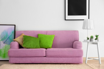 Modern living room with grey couch