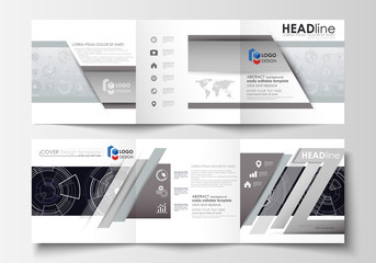 Business templates for square tri fold brochures. Leaflet cover, flat layout, easy editable vector. High tech design, connecting system. Science and technology concept. Futuristic abstract background.