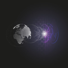 Dotted world globe, connecting lines, abstract construction, space station, orbit isolated on black. Futuristic high tech HUD background. Scientific vector design. Science, technology concept.