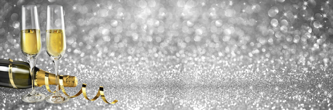 Champagne banner New Year's eve, silver background - Powered by Adobe