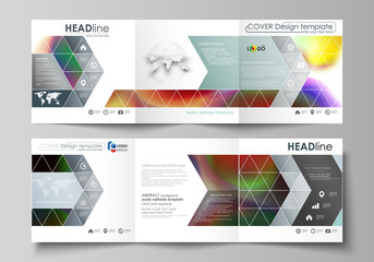 Set of business templates for tri fold brochures. Square design. Leaflet cover, flat layout, easy editable vector. Colorful background with abstract shapes, bright cell backdrop.