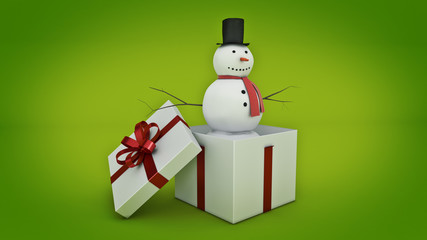 snowman in white gift box. Gift box concept. 3D rendering