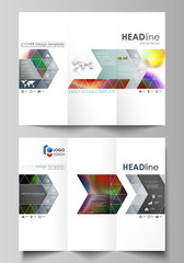 Tri-fold brochure business templates on both sides. Easy editable layout in flat style, vector illustration. Colorful design background with abstract shapes, bright cell backdrop.
