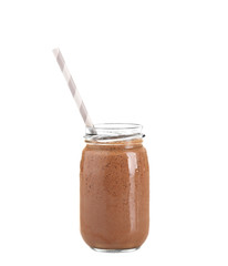 Fresh chocolate milkshake in glass jar isolated on white