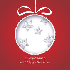 merry christmas bauble and happy new year - vector xmas card (red) - 128803015